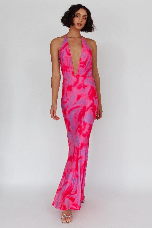 Mayah Halterneck Maxi Dress Printed Hot Pink