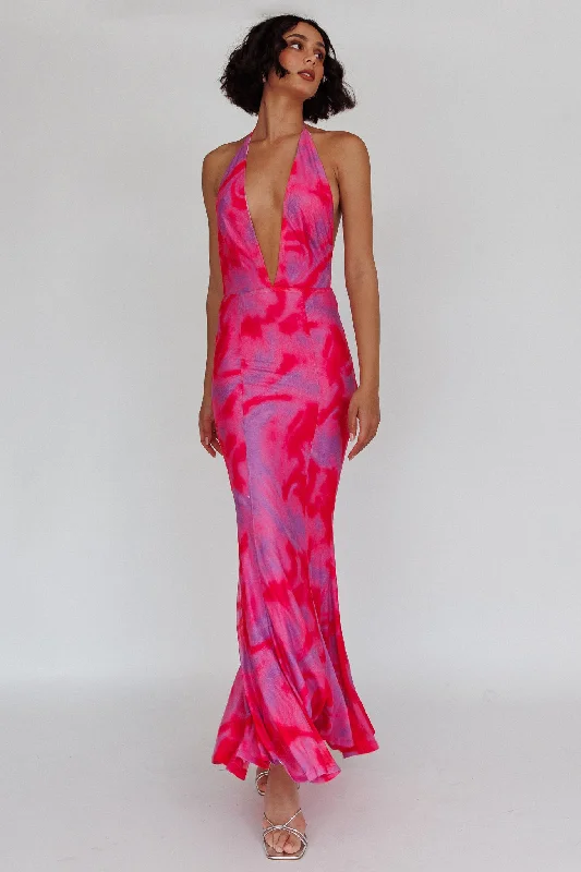 Mayah Halterneck Maxi Dress Printed Hot Pink