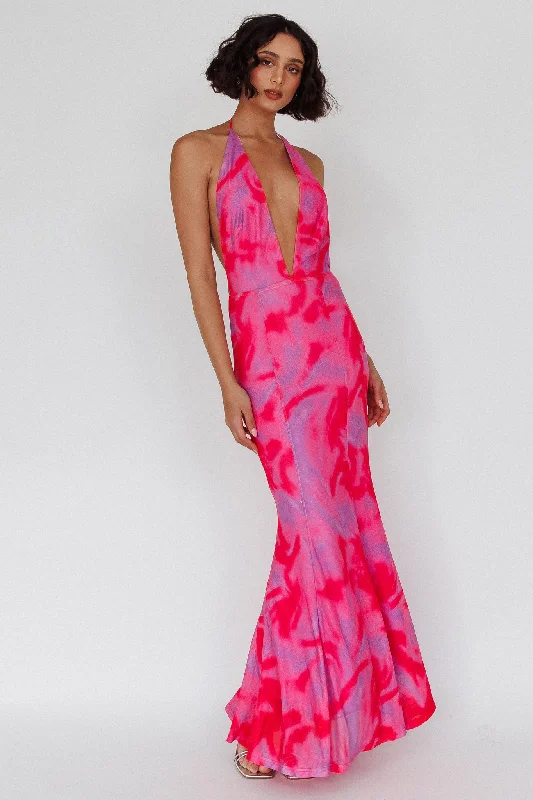 Mayah Halterneck Maxi Dress Printed Hot Pink