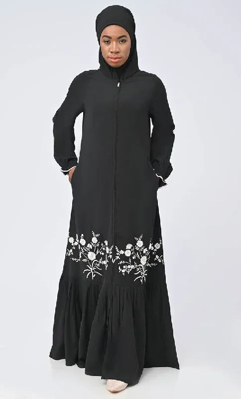 Modest Arabic Inida White Embroidered Abaya With Pockets