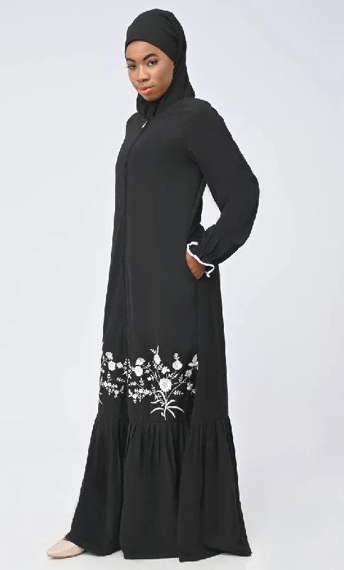 Modest Arabic Inida White Embroidered Abaya With Pockets