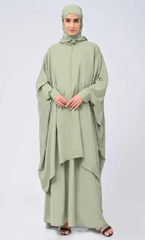 Modest Islamic Front Zipper Double Layer Dress For Women (2Pcset+Hijab)