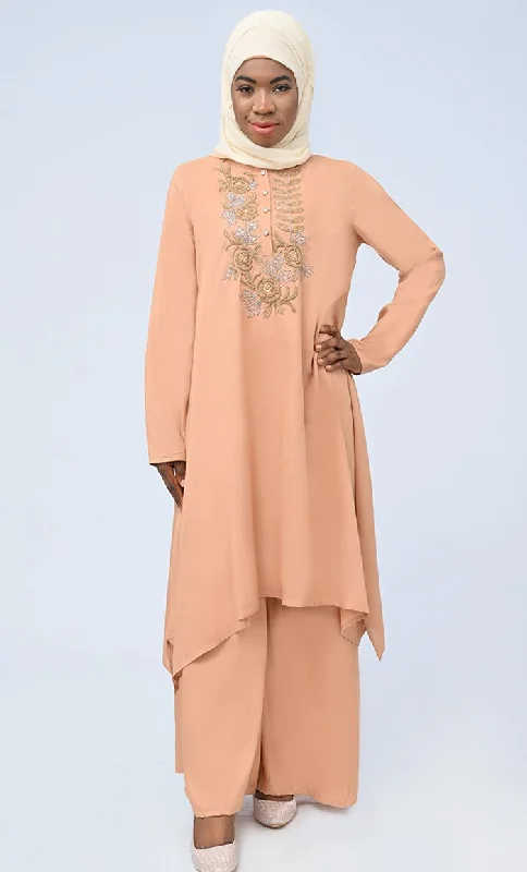 Modest Islamic Hand Work Embroidered Set With Hijab And Pockets