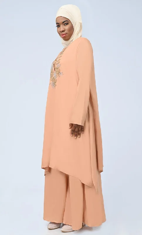 Modest Islamic Hand Work Embroidered Set With Hijab And Pockets