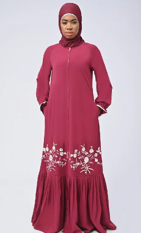 Modest Islamic Nida White Embroidered Abaya With Pockets