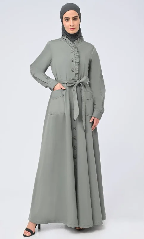 Modest Islamic Twill Frill Detailing Button Down Abaya