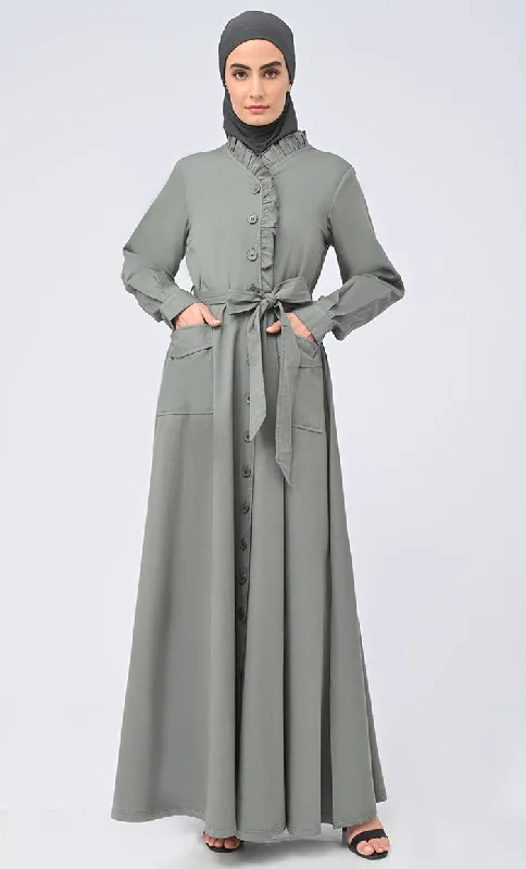 Modest Islamic Twill Frill Detailing Button Down Abaya