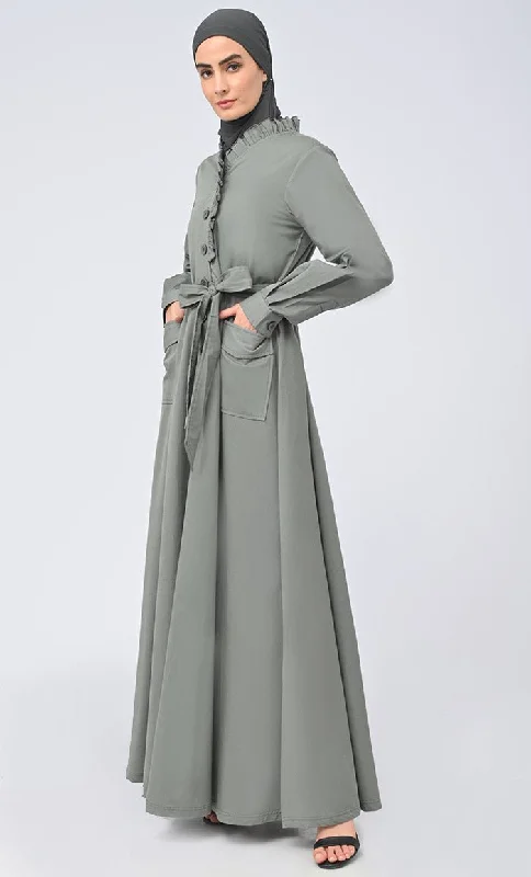 Modest Islamic Twill Frill Detailing Button Down Abaya