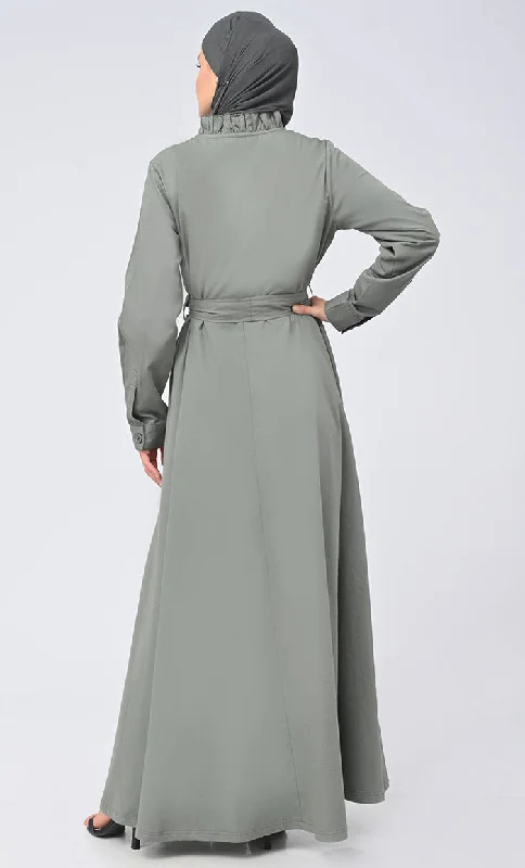 Modest Islamic Twill Frill Detailing Button Down Abaya