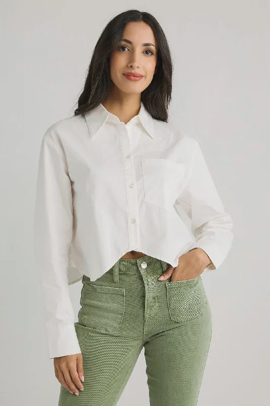 Moon River Curved Hem Cropped Long Sleeve Shirt