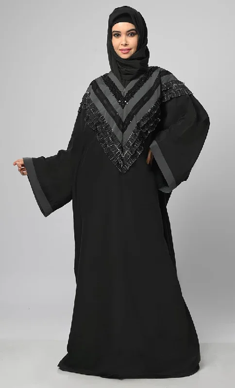 Nazneen Black Intricate Lace Detailing Kaftan Long Abaya