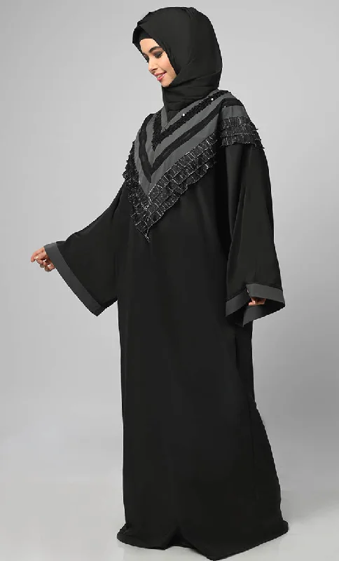 Nazneen Black Intricate Lace Detailing Kaftan Long Abaya