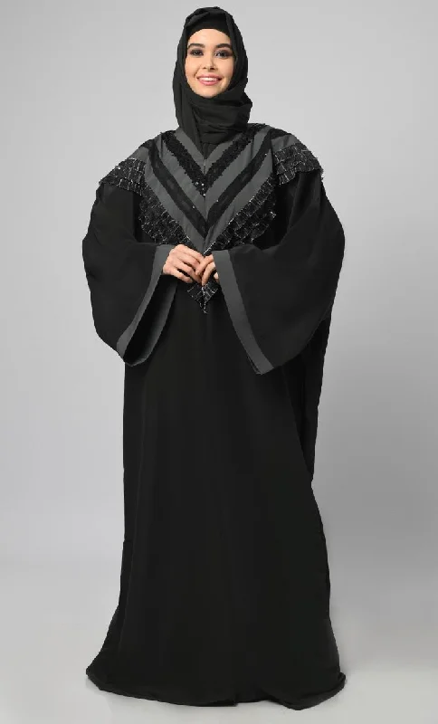 Nazneen Black Intricate Lace Detailing Kaftan Long Abaya