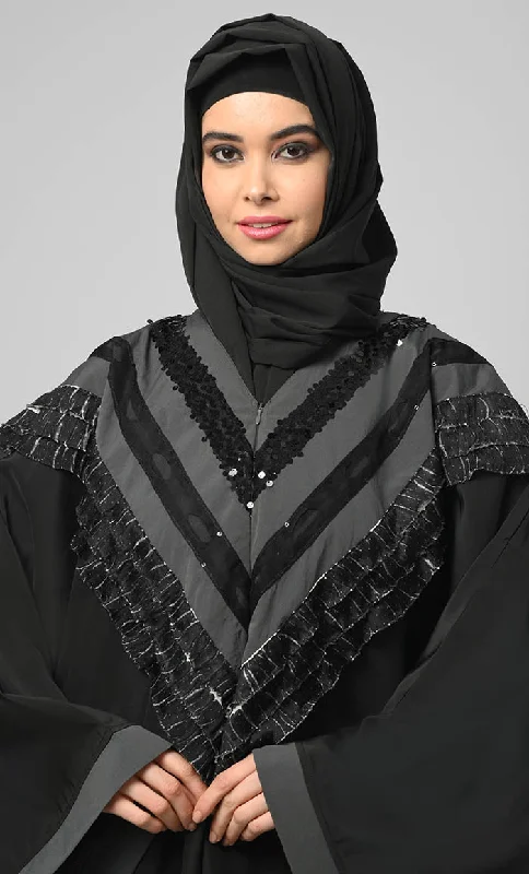 Nazneen Black Intricate Lace Detailing Kaftan Long Abaya