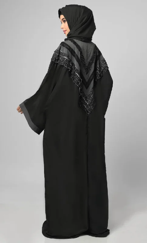 Nazneen Black Intricate Lace Detailing Kaftan Long Abaya