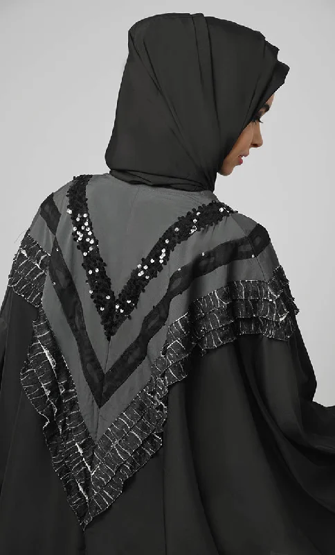 Nazneen Black Intricate Lace Detailing Kaftan Long Abaya