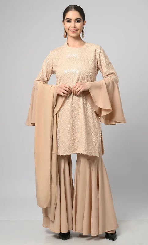 Neutral Sequins Designer Flared Palazzo Kurta Set With Duppata