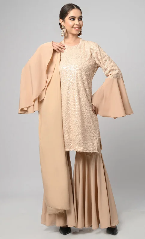 Neutral Sequins Designer Flared Palazzo Kurta Set With Duppata