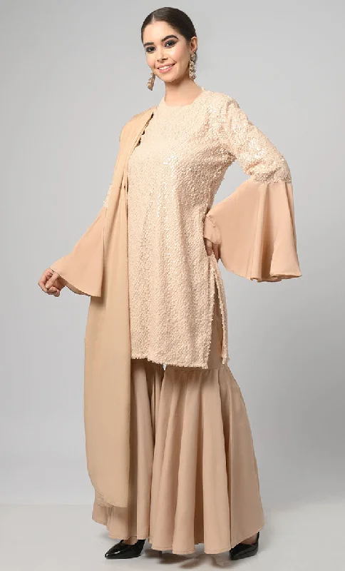 Neutral Sequins Designer Flared Palazzo Kurta Set With Duppata