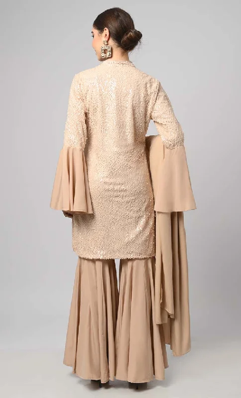 Neutral Sequins Designer Flared Palazzo Kurta Set With Duppata