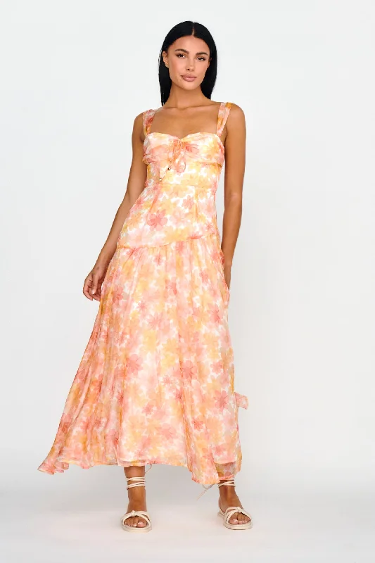 Nichola Ruched Bust Midi Dress Floral Orange