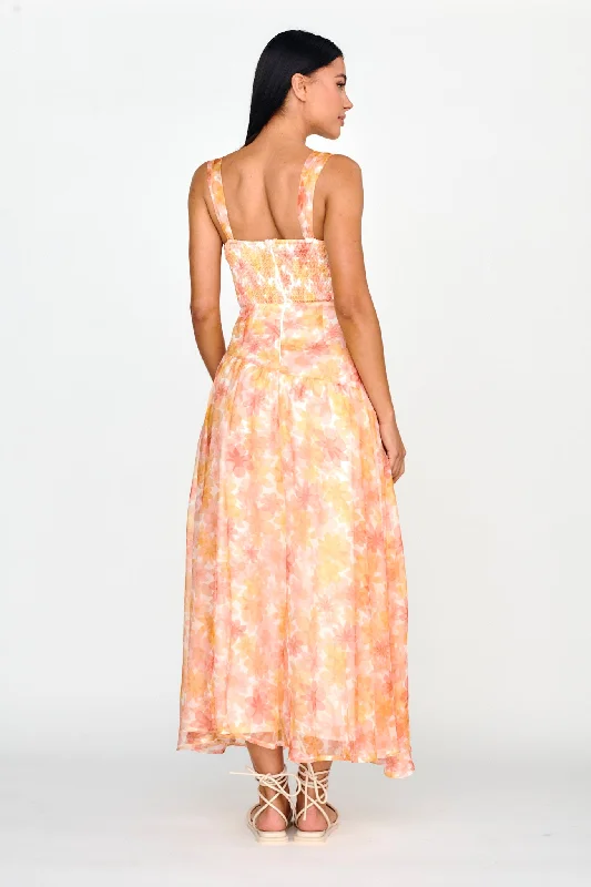 Nichola Ruched Bust Midi Dress Floral Orange