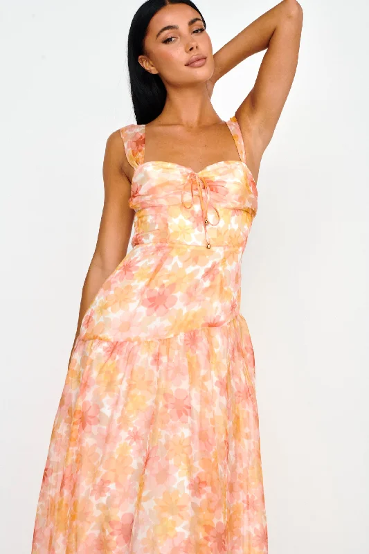 Nichola Ruched Bust Midi Dress Floral Orange