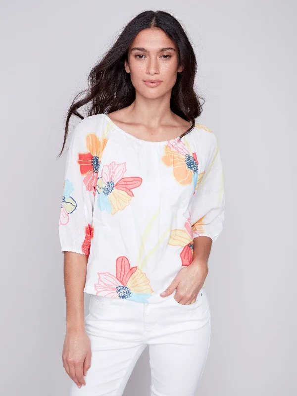 Off-The-Shoulder Cotton Blouse - Flowers