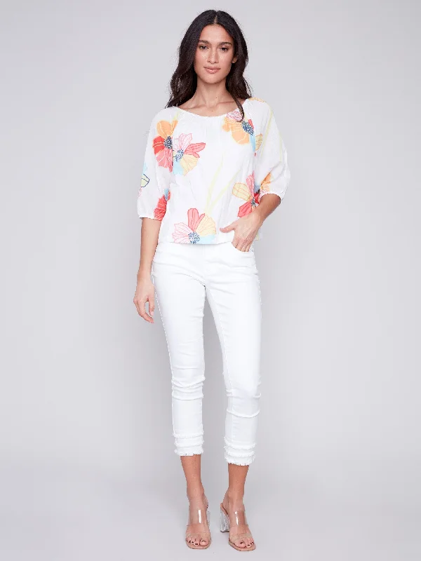 Off-The-Shoulder Cotton Blouse - Flowers