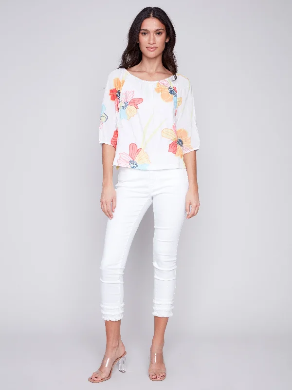 Off-The-Shoulder Cotton Blouse - Flowers