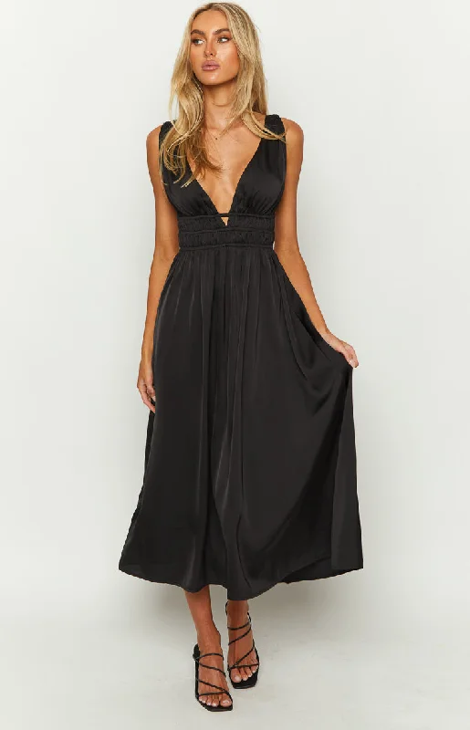 Ophelia Black Satin Maxi Dress