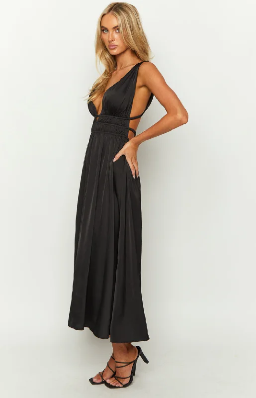 Ophelia Black Satin Maxi Dress