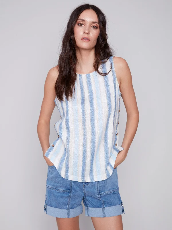 Printed Linen Top with Side Buttons - Nautical