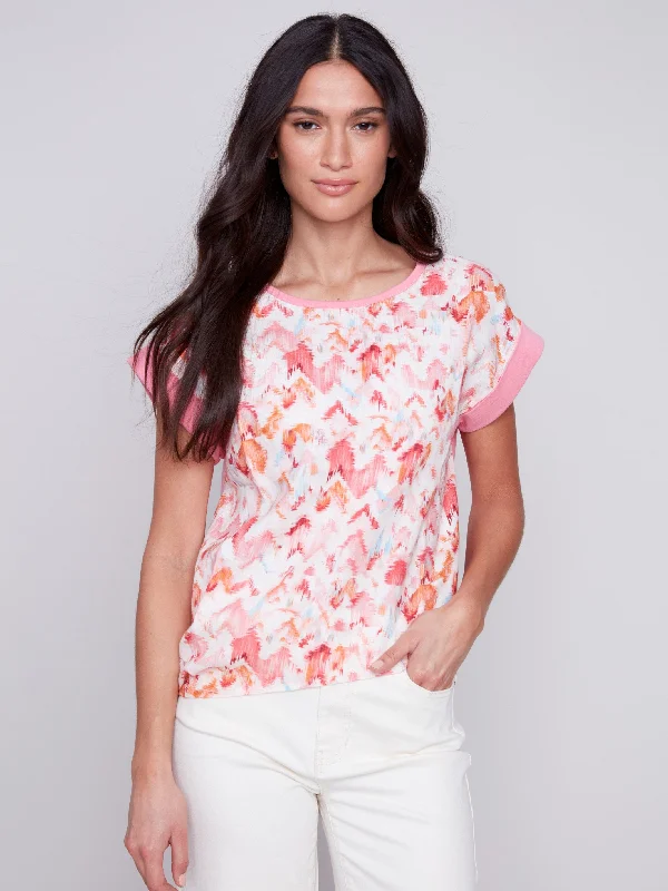 Printed Linen Top with Side Tie - Pink