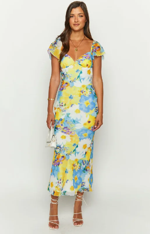 Raymi Blue Floral Chiffon Maxi Dress