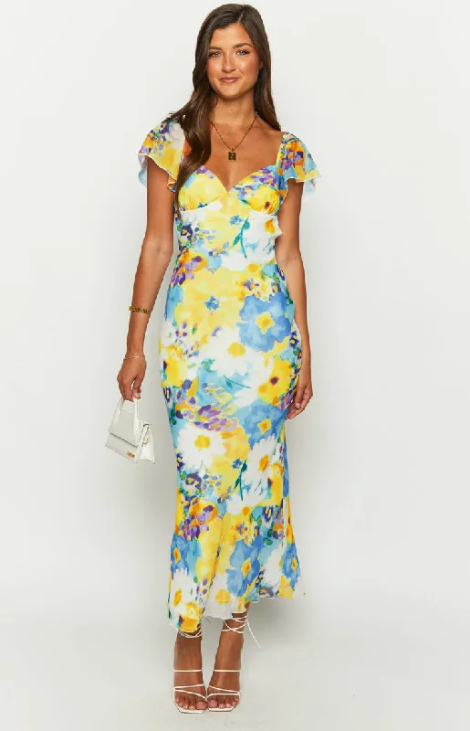 Raymi Blue Floral Chiffon Maxi Dress