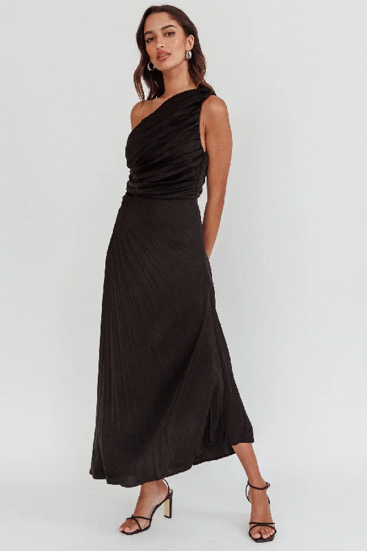 Scarlett One-Shoulder Pleat Maxi Dress Black