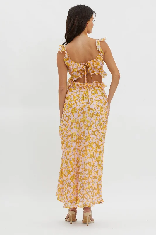 Second Chances Ruffle Trim Maxi Dress Flowers Yellow