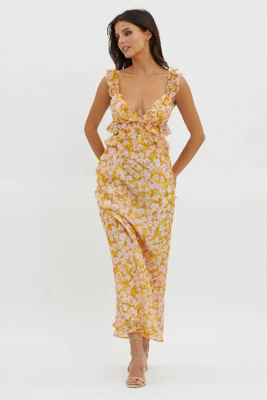 Second Chances Ruffle Trim Maxi Dress Flowers Yellow