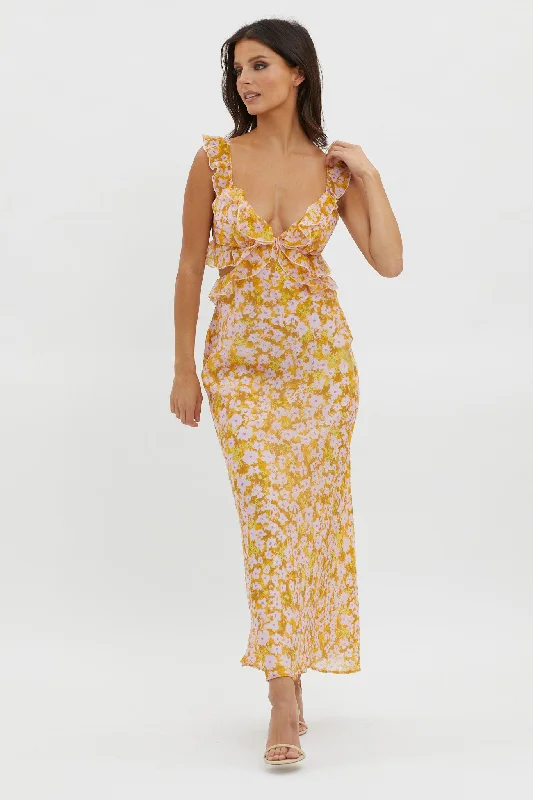 Second Chances Ruffle Trim Maxi Dress Flowers Yellow