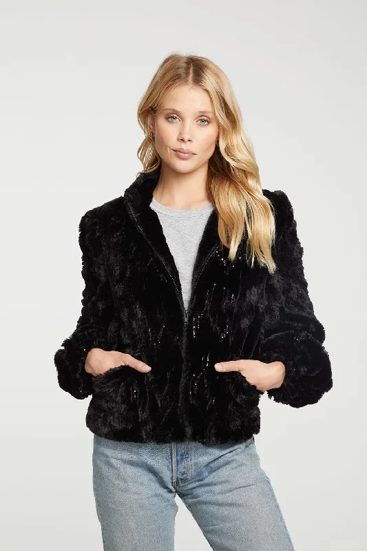 Sequin Faux Fur Puff Sleeve Zip Up