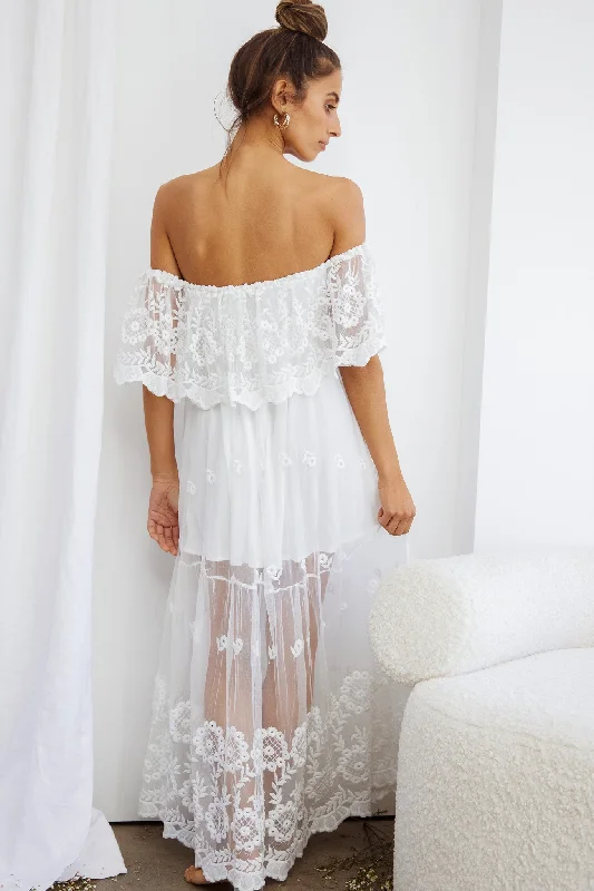 Signet Off-Shoulder Embroidered Mesh Overlay Maxi Dress White