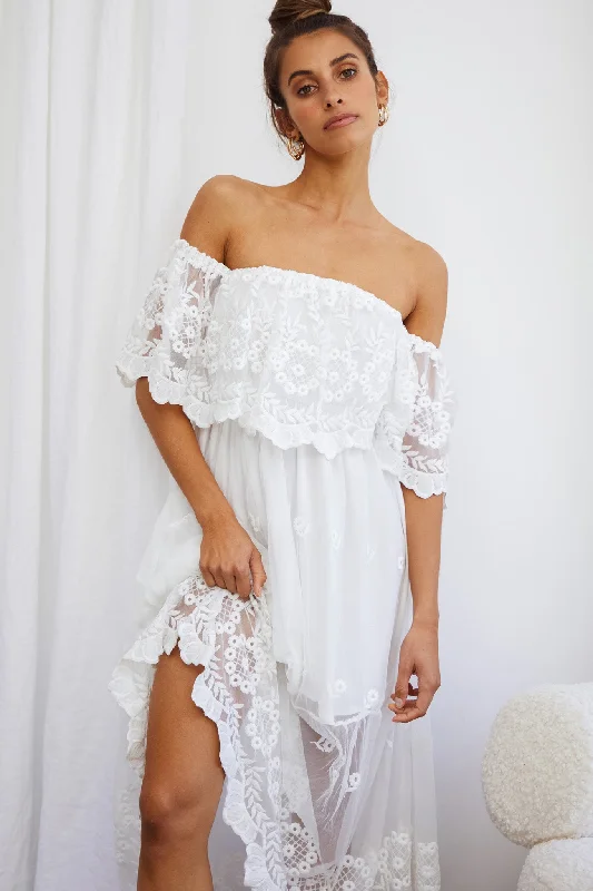 Signet Off-Shoulder Embroidered Mesh Overlay Maxi Dress White