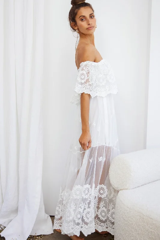 Signet Off-Shoulder Embroidered Mesh Overlay Maxi Dress White