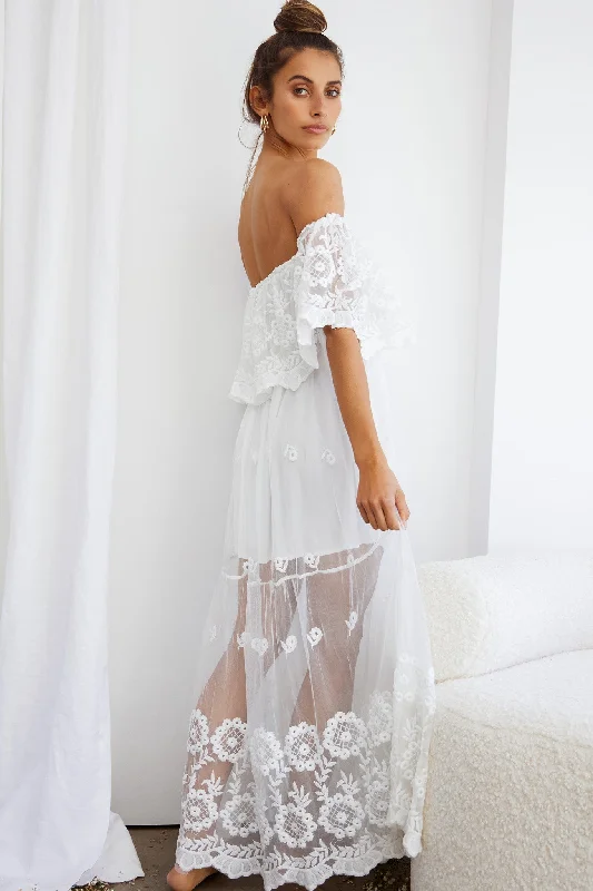 Signet Off-Shoulder Embroidered Mesh Overlay Maxi Dress White