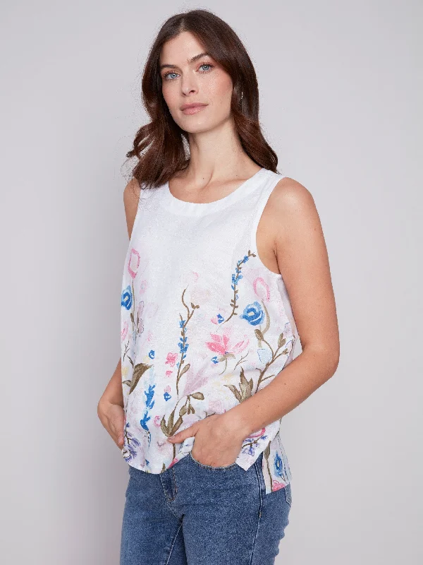 Sleeveless Floral Printed Linen Top - Pastel