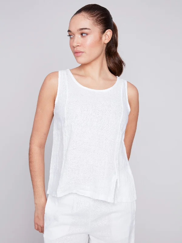 Sleeveless Linen Top with Slit - White