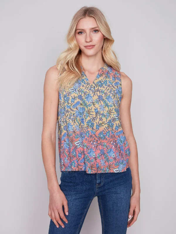 Sleeveless Printed Ruffle Neck Blouse - Glory