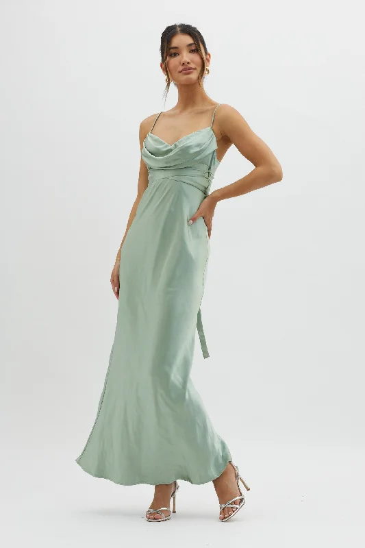 Starring Role Cowl Bust Waist Tie Dress Sage