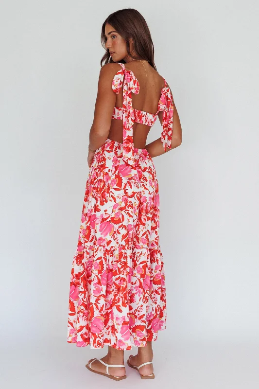 Sun Seeker Tied Shoulder Cut-Out Maxi Dress Floral Red